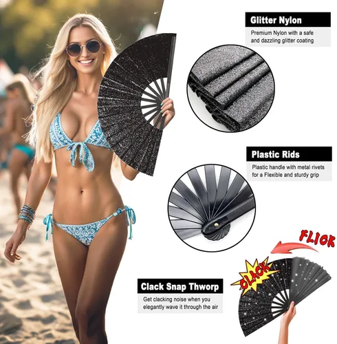Miniatura 4 de OMyTea Ventilador grande con purpurina para baile de línea, botas de 13 pulgadas en el suelo, ventilador de mano plegable para EDM, festival de Negro