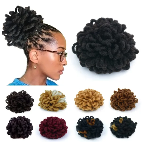 Miniatura 20 de Moños de Cola de Caballo con Cordón Negro Marrón Loc para Mujeres Negras Moño Rizado de Pétalo Loc Cola de Caballo de Rastas Trenzas Faux Locs Moño
