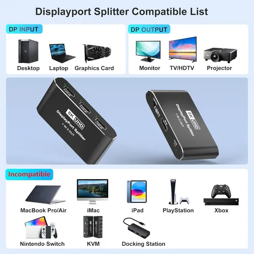Miniatura 7 de Divisor DisplayPort 1 en 3 salidas, divisor de puerto de pantalla para monitores triples, compatible con DSC de 8K a 60Hz y modo extendido/espejo 4K