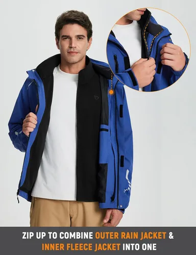 Miniatura 4 de baleaf Chaqueta impermeable para hombre 3 en 1 para esquí de invierno, rompevientos con capucha reflectante, plegable, con chaqueta de forro polar