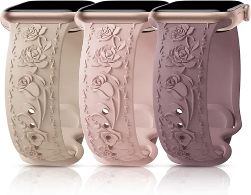 Miniatura 13 de 3 Packs Floral Engraved Bands Compatible with Apple Watch Band 40mm 41mm 38mm 42mm 44mm 45mm 49mm for Women, Silicone Cute Embossed Rose Apple Watch