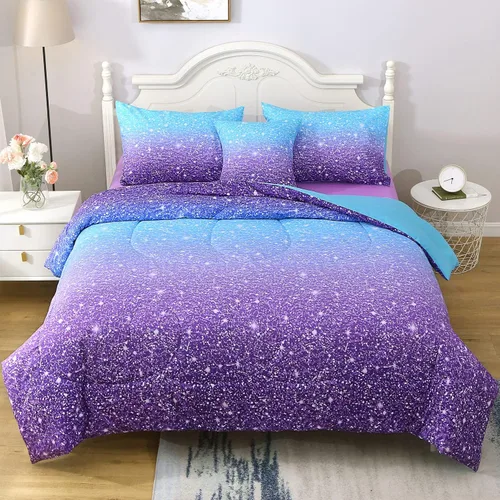 Miniatura 14 de JQinHome Juego de edredón con purpurina tamaño Queen, juego de ropa de cama de 6 piezas en una bolsa, colorido en 3D, rosa y azul, para niñas y Rosa