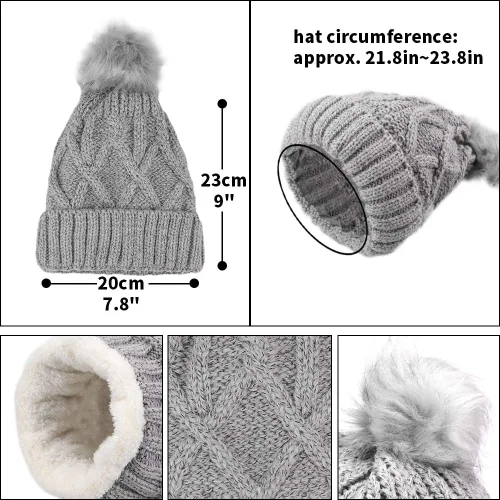 Miniatura 4 de KRATARC Conjunto de gorro de punto para mujer de forro polar con pompones