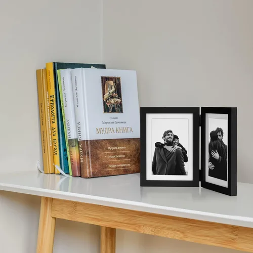 Miniatura 5 de Marco de fotos doble de 4 x 6 pulgadas con bisagras horizontales, marco de fotos plegable en madera de pino negro con vidrio real para mesa