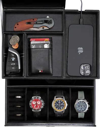 Joyero organizador y bandeja de aparador para hombre, estación de mesita de noche de primera calidad para relojes, anillos y accesorios, elegante
