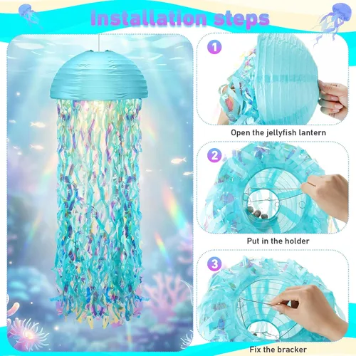 Miniatura 6 de Baquler Juego de 12 linternas de papel de medusas de 10 pulgadas, linternas semicírculas de sirena, decoración colgante para aula, baby shower, bajo