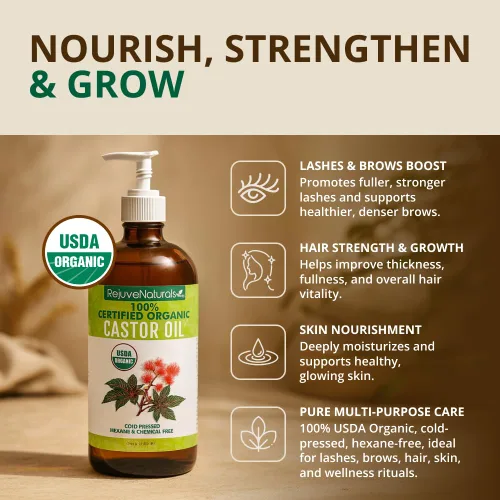 Miniatura 2 de RejuveNaturals Aceite de Ricino (Botella de Vidrio de 16oz) Certificado Orgánico USDA, 100% Puro, Prensado en Frío, Libre de Hexano. Promueve