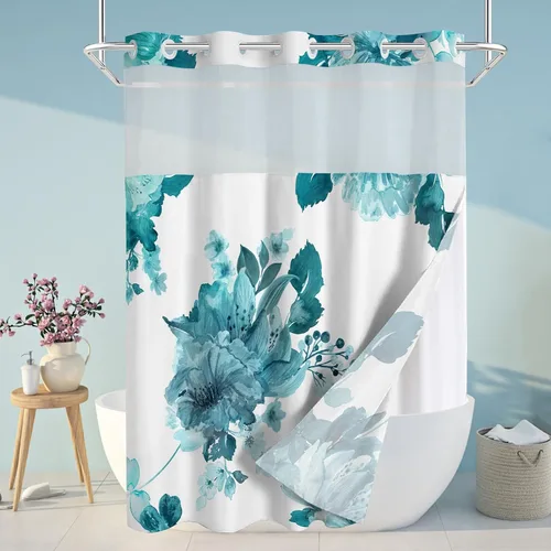 Miniatura 11 de Juego de cortina de ducha y forro sin gancho, cortinas de ducha florales negras para baño, juegos de cortinas de baño de hotel moderno con forro a