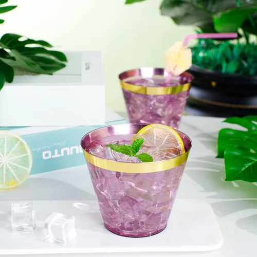 Miniatura 6 de LUODA 150 vasos de plástico púrpura, vasos desechables púrpura de 9 onzas con borde dorado, vasos de plástico con borde dorado estilo antiguo
