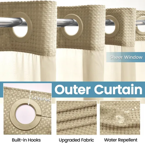 Miniatura 5 de EUTXL Cortina de ducha beige sin gancho con forro a presión, cortinas de ducha de tejido gofre de 230 GSM para baño, 54 pulgadas de ancho x 80