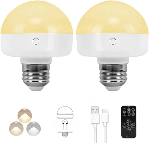 BLUEYE Bombilla recargable con pilas, 2 paquetes, 300 lúmenes, equivalente a 40 W, carga desmontable E26 (E12 disponible), 4 temperaturas de color,