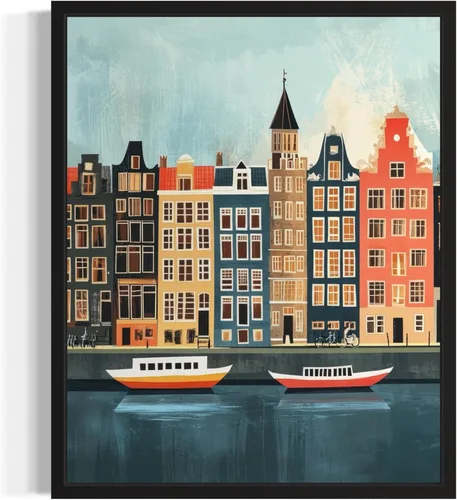 Amsterdamn Países Bajos - Póster de pared, pintura de paisajes retro vintage, obras de arte, impresiones de viajes, decoración de paisaje urbano,