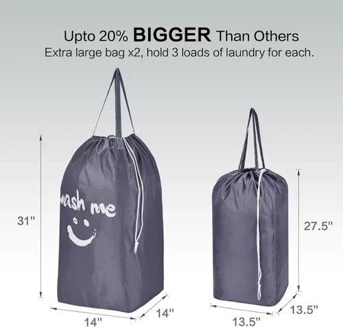 Miniatura 3 de HOMEST Paquete de 2 bolsas de lavandería de viaje con asas, base cuadrada que puede transportar hasta 3 cargas de ropa, almacenamiento de ropa sucia