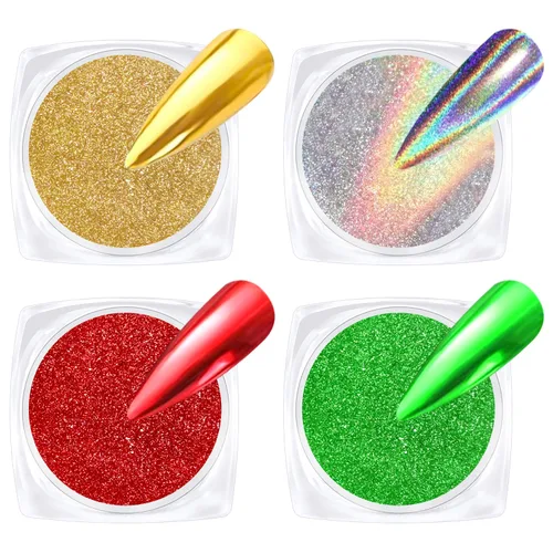 Polvo de uñas cromado dorado – 4 colores de Navidad rojo verde láser dorado cromo polvo holográfico brillante para uñas efecto espejo pigmento polvo