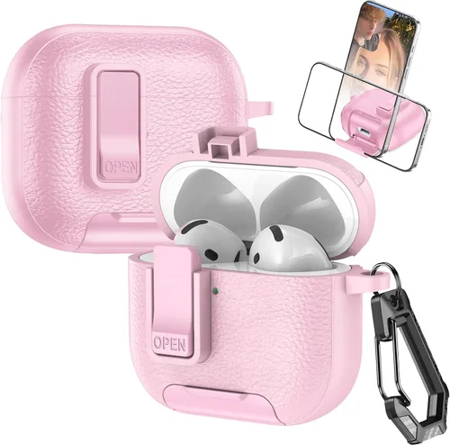 Miniatura 9 de Funda de cuero con clip de bloqueo para AirPods Pro 2ª/1ª con mosquetón, soporte de carga inalámbrica con soporte, cubierta de protección resistente