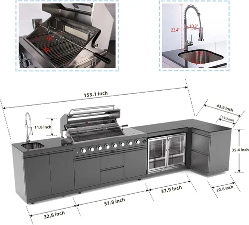 Miniatura 2 de Isla de cocina al aire libre de 153 pulgadas, combinación de parrilla de gas propano de 96000 BTU con refrigerador y fregadero, gabinete de cajón