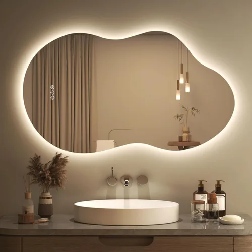 Miniatura 18 de SMIROR Espejo de Baño Retroiluminado Irregular con Luces 20 x 32, Espejo de Tocador con Luz LED Asimétrica en Forma de Nube para Pared