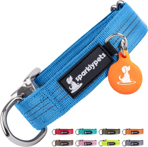 Miniatura 7 de SparklyPets Collar de perro ancho de servicio pesado con hebilla cromada de liberación rápida, collar táctico grueso para perro con rayas Azul
