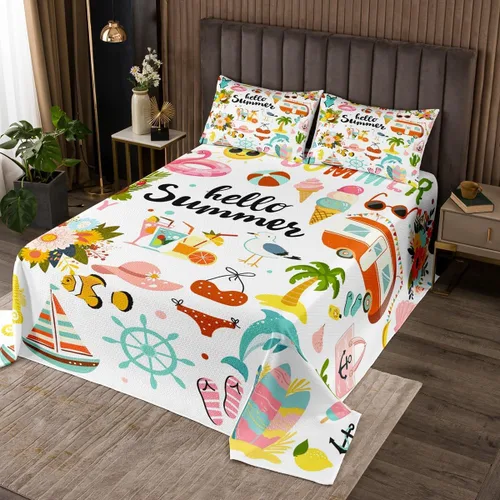 Colcha de camping en la playa, tamaño King para mujeres adultas, juego de edredón con temática de verano para surf, caravana, cámper, automóvil, con