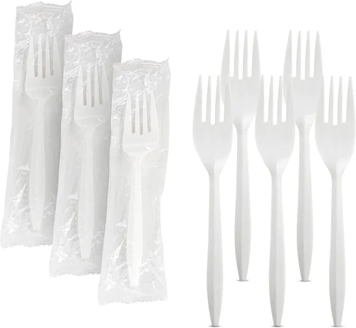 MT Products Tenedores de plástico blancos envueltos individualmente de peso medio, ideales para llevar o para llevar, tenedores de plástico a granel