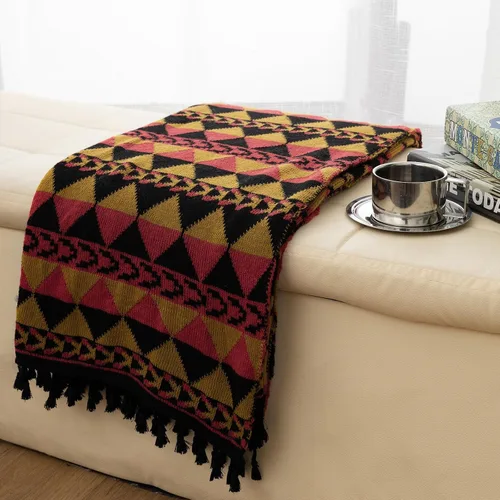 Gealaek - Manta bohemia suave y decorativa para sofá cama, manta ligera y acogedora con borlas para granja, manta azteca con borlas en negro, rojo y