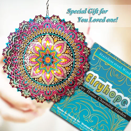 Miniatura 7 de Mandala Blossom Wind Spinner - Molinillos de Viento de Metal Escultura de Viento Colgante Cinética 3D de 12 pulgadas Cortada con Láser