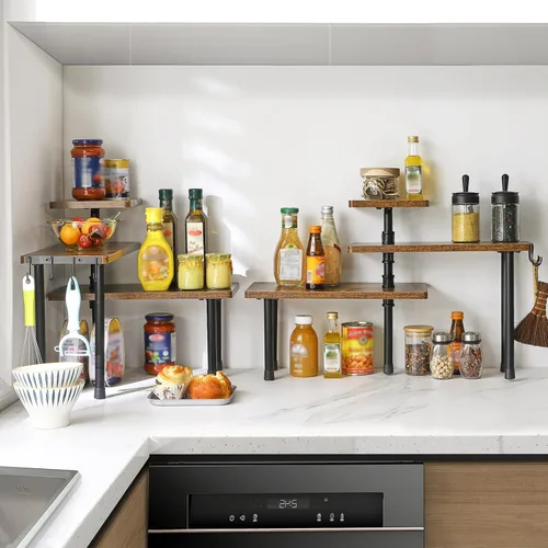 Miniatura 2 de IBUYKE Organizador de Encimera, Estantes de Especias de 3 Niveles, Estante de Esquina para Mostrador de Cocina, 4 Ganchos Laterales, Estante Marrón