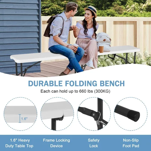 Miniatura 4 de Bancos plegables de plástico de 6 pies, paquete de 2, banco portátil para exteriores con asa y cerradura para picnic, camping, comedor, fútbol