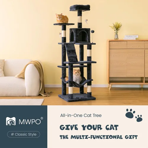 Miniatura 2 de MWPO Árbol para gatos de varios niveles de 63.8 pulgadas para gatos grandes con postes rascadores cubiertos de sisal, plataforma acolchada, hamaca