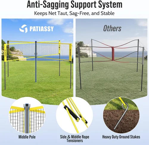 Miniatura 2 de 4 Square Volleyball Game Set, 4 Way Net System with 16FT & 32FT Court, Adjustable Height Backyard Badminton Combo, Portable Outdoor Kit with Ball