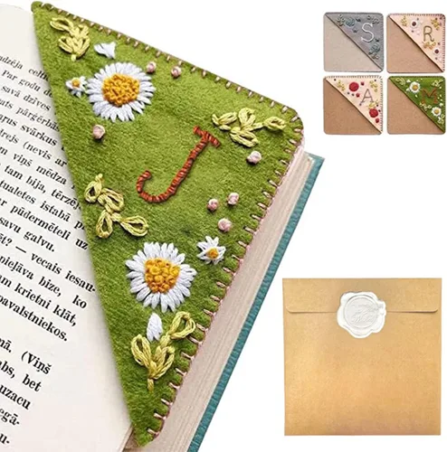 Miniatura 31 de Marcapáginas de esquina bordado a mano personalizado, 26 letras con costura a mano de fieltro, marcapáginas de esquina con bordado de flores lindo