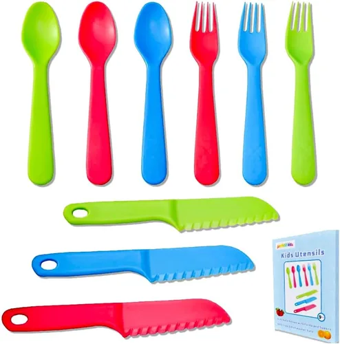 Miniatura 10 de Jawbush 16 utensilios para niños, tenedores y cucharas de plástico para niños, utensilios reutilizables para niños, juego de cubiertos duraderos 8