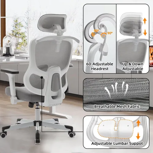 Miniatura 7 de Silla ergonómica de oficina reclinable para videojuegos, soporte lumbar ajustable, reposabrazos 4D, reposacabezas 6D, sillas giratorias de malla Gris