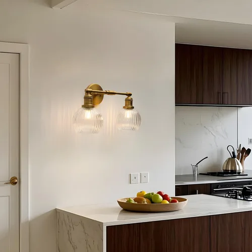 Miniatura 8 de Aplique industrial de pared de vidrio de doble brazo con pantalla de globo a rayas transparentes, lámpara de tocador de pared de 2 luces