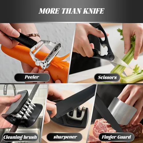 Miniatura 5 de Juego de 20 cuchillos de cocina con bloque, acero inoxidable alemán, apto para lavavajillas, mango antideslizante, color negro