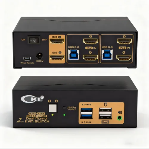 CKL Conmutador KVM Dual Monitor HDMI 4K @60Hz (2 Monitores 2 Computadoras 922HUA-3) para el hogar y la oficina a consola, computadoras portátiles,