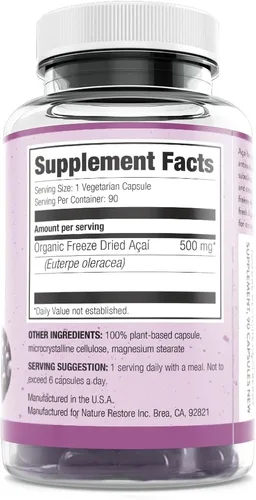 Miniatura 2 de Nature Restore Suplemento orgánico de bayas de acai, liofilizado, 90 cápsulas de bayas de acai, sin OMG, sin gluten, vegano