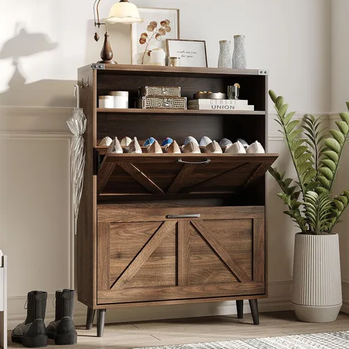 Miniatura 12 de Halitaa - Gabinete para zapatos con 2 cajones abatibles y almacenamiento abierto, gabinete de almacenamiento de zapatos estilo granja para entrada