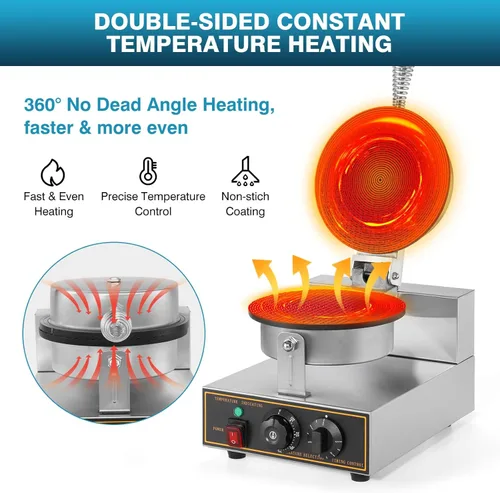 Miniatura 3 de IRONWALLS Máquina comercial para hacer gofres, 110 V, 1200 W, de acero inoxidable, eléctrica, para hacer gofres con bandeja de horno antiadherente