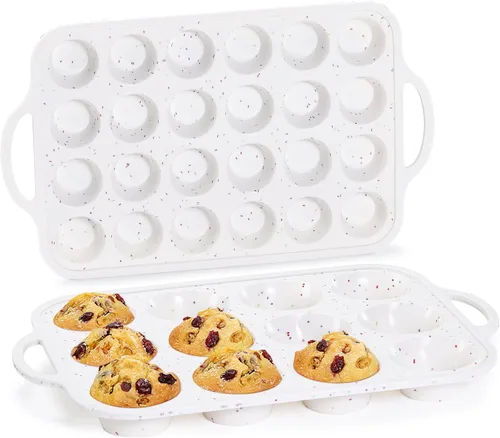 Miniatura 15 de CAKETIME Molde para mini muffins, molde para mini cupcakes con marco reforzado de metal, moldes para muffins de silicona antiadherentes con asa