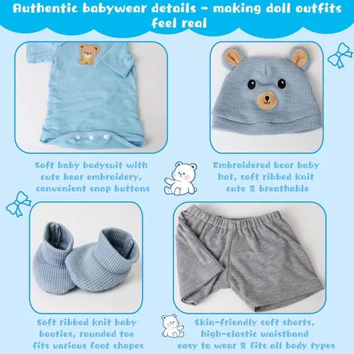 Miniatura 5 de EKOKIZ Ropa de muñecas Reborn para niños y niñas de 17 a 22 pulgadas, diseño de oso azul, a la moda, realista, conjunto de accesorios para muñecas