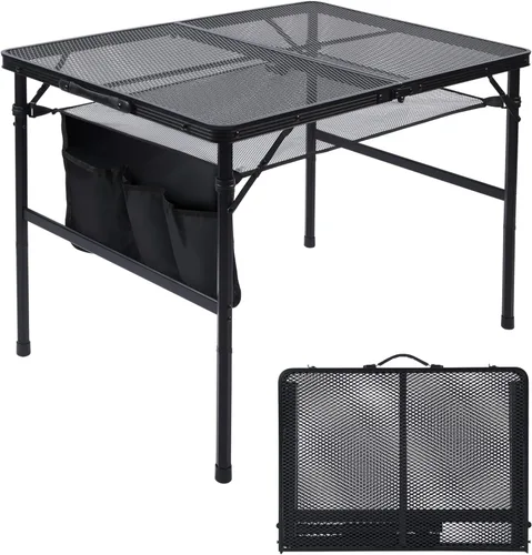 JOUYEK Mesa plegable para parrilla, mesa de camping portátil de 3 x 2 pies, mesas de metal de altura ajustable con escritorio de malla y bolsa de