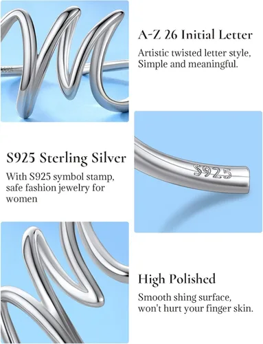 Miniatura 4 de SILVERCUTE Anillos con iniciales S925, tamaño ajustable 6-12, letra del alfabeto A-Z, joyería personalizada con iniciales trenzadas, anillos