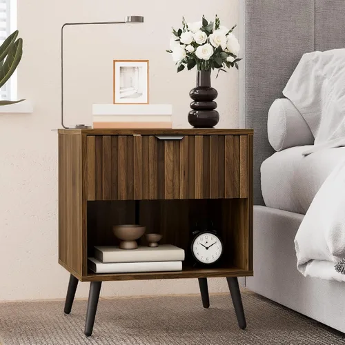 Miniatura 10 de Smuxee Mesita de noche de madera de nogal con 2 cajones, mesita de noche de mediados de siglo con puertas de tablero de ajedrez en relieve, mesita