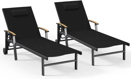 Miniatura 32 de Ciokea Sillón para exteriores con almohada, tumbona de aluminio de 5 posiciones con ruedas y reposabrazos, silla de piscina resistente de 400 libras