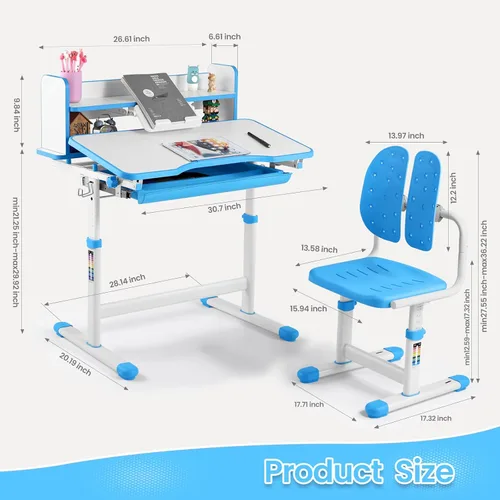 Miniatura 3 de Artist hand Kids Study Desk and Chair Set Height Adjustable Children School Table Large Writing Board Desk with LED Lamp Pull Out Drawer Pencil Case