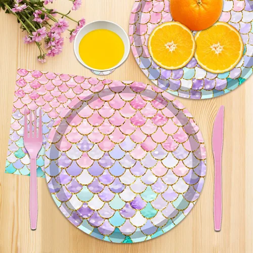 Miniatura 6 de Juego de vajilla para fiesta de sirena, 144 piezas, suministros de fiesta de cumpleaños de sirena, platos de sirena, servilletas, tazas, tenedores