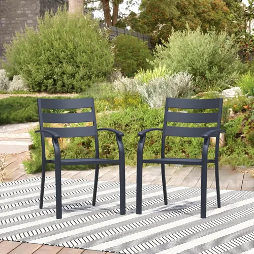 Juego de 2 sillas de comedor para patio, sillas de comedor apilables negras para exteriores, juego de muebles de patio de metal para jardín, patio