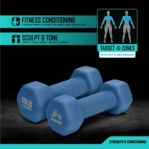 Miniatura 2 de RBX - Juego de mancuernas de neopreno con agarre antideslizante, equipo de entrenamiento de fuerza para el hogar o el gimnasio, no ruedan Azul