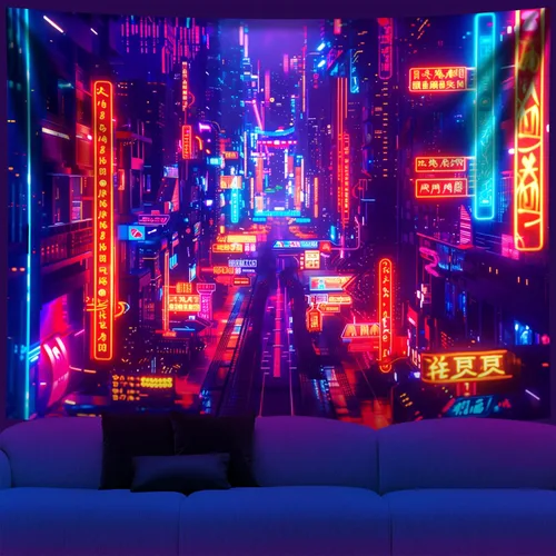 Miniatura 15 de NYZE Tapiz de luz negra de ciudad, tapiz de anime japonés, juego punk, fantasía, vista nocturna, paisaje urbano, arte futurista, neón, tapices